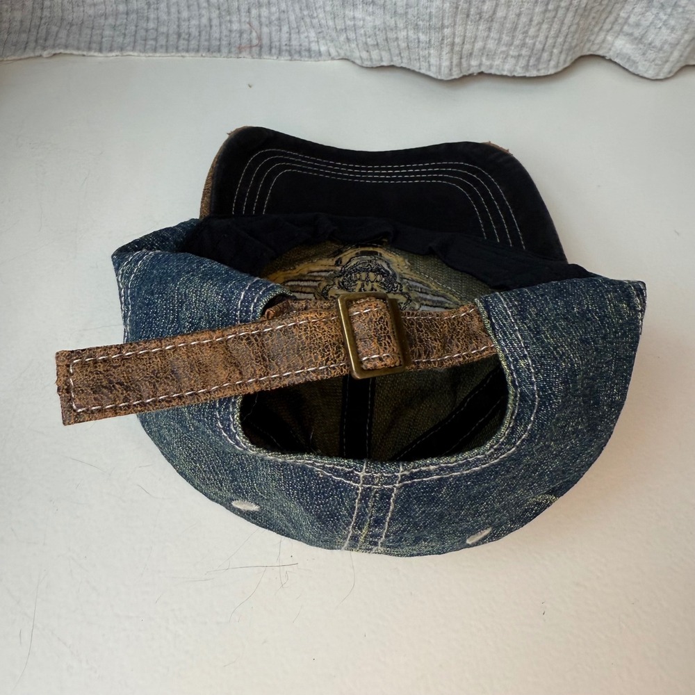 Kbethos Denim Hat Distressed Skull Winged Patch Blue Brown Faux Leather Mens Cap - Picture 5 of 7